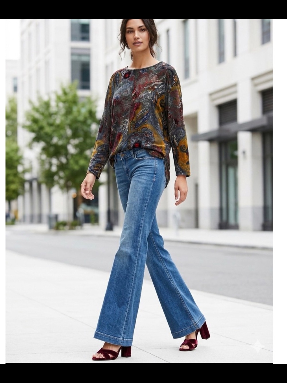 Sno Skins Velvet Burnout Boho Paisley Print Long Sleeve USA Wearable Art Top M